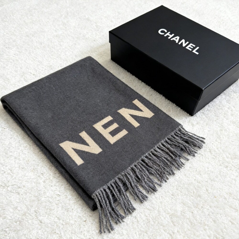 CHANEL Charcoal Beige Color Block Lettering Scarf - Picture 2 of 3